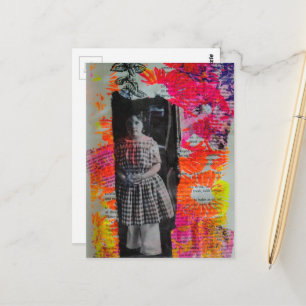 Vintage Kind Leuchtende Blumen Mixed Media Collage Postkarte