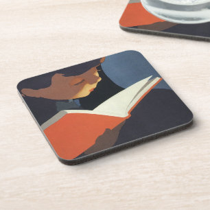 Vintage Kind liest in einem Buch aus der Bibliothe Untersetzer