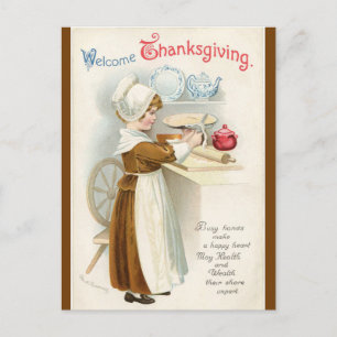 Vintage Kind macht Apfelkuchen für Thanksgiving Postkarte