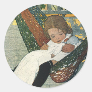 Vintage Kind mit einer Puppe von Jessie Willcox Sm Runder Aufkleber