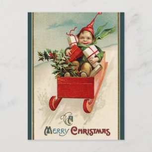 Vintage Kind mit Geschenken im Schlitten Frohe Wei Postkarte
