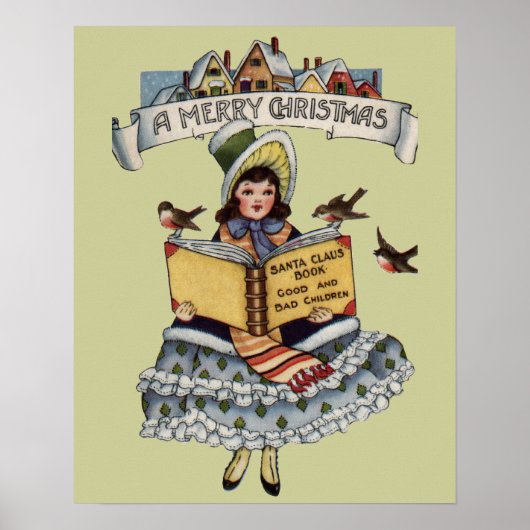 Vintage Kind mit Weihnachtsmann Buch Poster (Vorne)