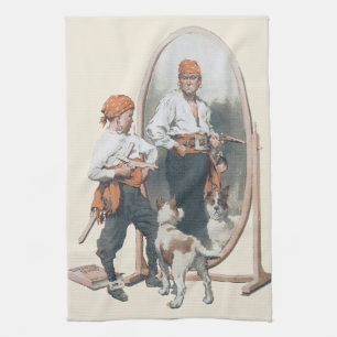 Vintage Kind, Piratenjunge, Hund, Spiegel, Bukanie Geschirrtuch