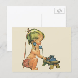Vintage Kind Süßes blondes Mädchen spricht auf Spi Postkarte