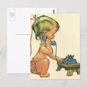 Vintage Kind süßes blondes Mädchen spricht auf Spi Postkarte