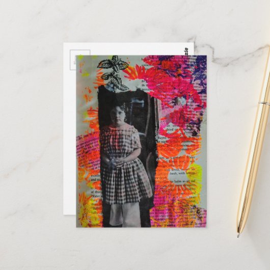Vintage Kind und Blumen Mixed Media Collage Postkarte (Vorderseite/Rückseite Beispiel)