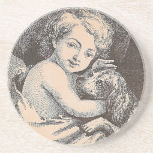 Vintage Kind und Hund Sandstein Untersetzer