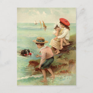 Vintage Kinder an der Strandpostkarte Postkarte