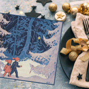 Vintage Kinder auf einem Abend Wandern im Schnee Feiertagskarte