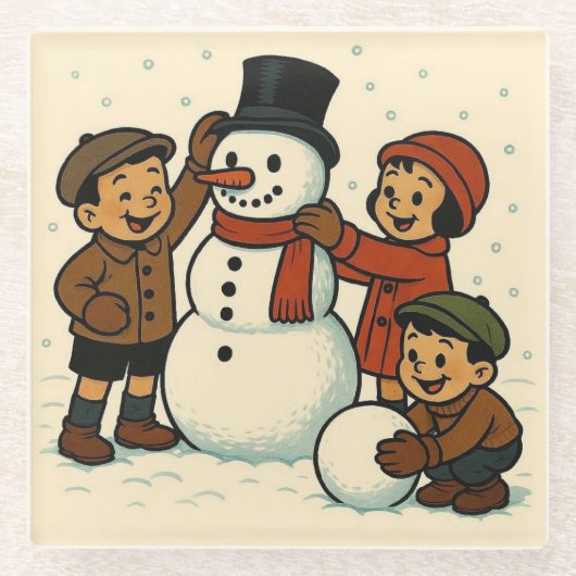 Vintage Kinder bauen einen Schneemann Glasuntersetzer (Vorderseite)