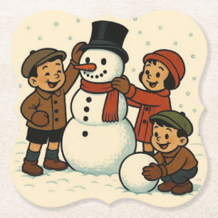 Vintage Kinder bauen einen Schneemann Untersetzer
