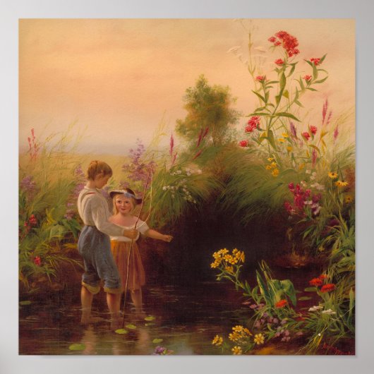 Vintage-Kinder beim Fischen im Bach Ölgemälde Poster (Vorne)
