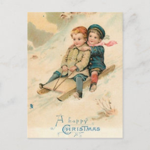 Vintage Kinder beim Schlittenfahren im Schnee Postkarte