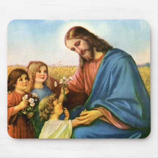 Vintage Kinder bringen Blume nach Jesus Christus Mousepad (Vorne)