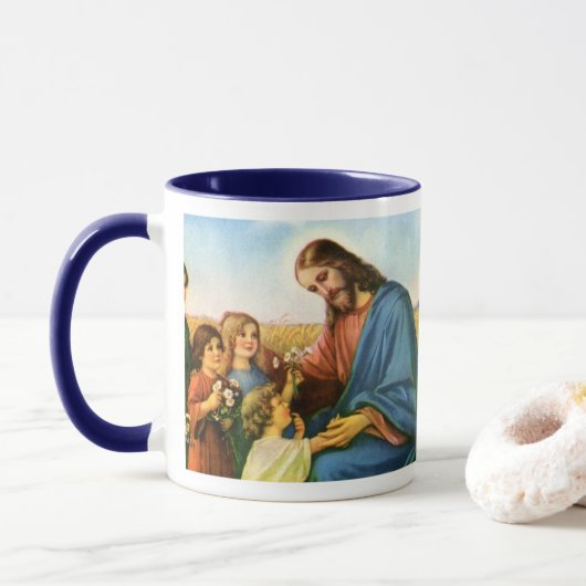 Vintage Kinder bringen Blume nach Jesus Christus Tasse (Mit Donut)