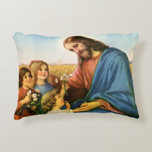 Vintage-Kinder bringen Jesus Christus Blumen Dekokissen