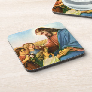 Vintage-Kinder bringen Jesus Christus Blumen Getränkeuntersetzer