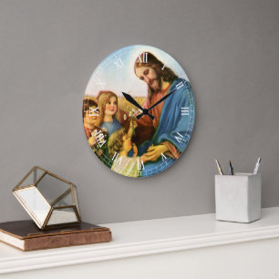 Vintage-Kinder bringen Jesus Christus Blumen Große Wanduhr