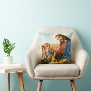 Vintage-Kinder bringen Jesus Christus Blumen Kissen