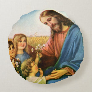 Vintage-Kinder bringen Jesus Christus Blumen Rundes Kissen