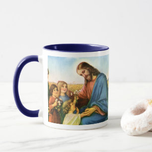 Vintage-Kinder bringen Jesus Christus Blumen Tasse