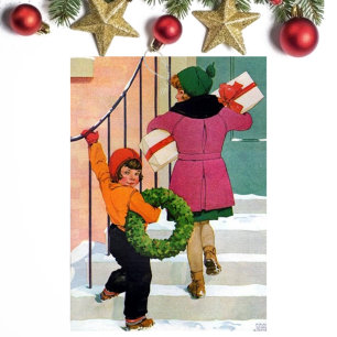 Vintage-Kinder bringen Weihnachtsstimmung Urlaub Feiertagspostkarte