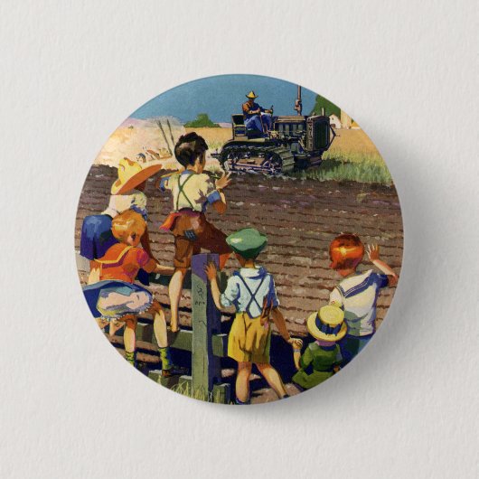Vintage Kinder, die auf dem Traktor zu lokalem Bau Button (Vorderseite)