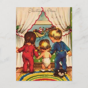 Vintage Kinder, die den Weihnachtsmann sehen Feiertagspostkarte