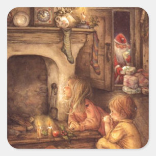 Vintage Kinder, die für den Weihnachtsmann Gewarte Quadratischer Aufkleber