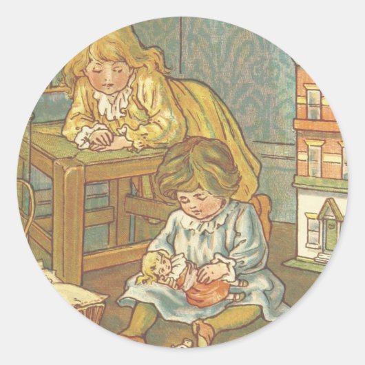 Vintage Kinder, die mit Puppen spielen Runder Aufkleber (Vorderseite)
