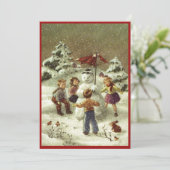 Vintage Kinder, die Schneemann machen Feiertagskarte (Stehend Vorderseite)