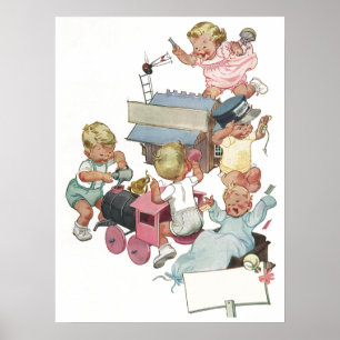 Vintage Kinder, die Spaß haben Spielzeugzüge zu sp Poster