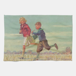 Vintage Kinder, die zur Schule gehen und Bücher fü Geschirrtuch