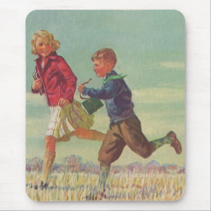 Vintage-Kinder, die zur Schule laufen und Bücher t Mousepad