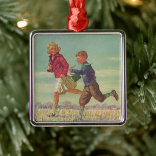 Vintage-Kinder, die zur Schule laufen und Bücher t Silbernes Ornament