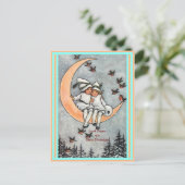 Vintage Kinder, Halbmond, Winterschneevögel Postkarte (Stehend Vorderseite)