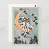Vintage Kinder, Halbmond, Winterschneevögel Postkarte (Vorne/Hinten)
