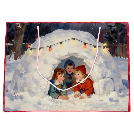 Vintage Kinder im Schneefort Große Geschenktüte (Vorderseite)
