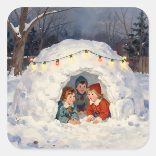 Vintage Kinder im Schneefort Quadratischer Aufkleber