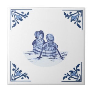 Vintage Kinder in Row Boat Delft Blau & Weiß Fliese