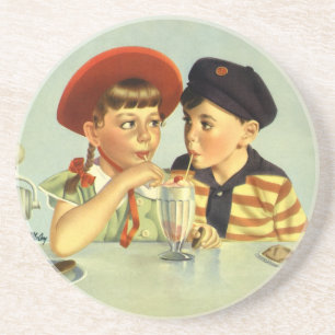 Vintage Kinder, Junge und Mädchen, die einen Schüt Getränkeuntersetzer