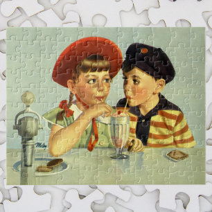 Vintage Kinder, Junge und Mädchen, die einen Schüt Puzzle
