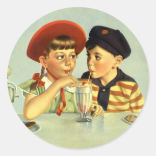 Vintage Kinder, Junge und Mädchen, die einen Schüt Runder Aufkleber