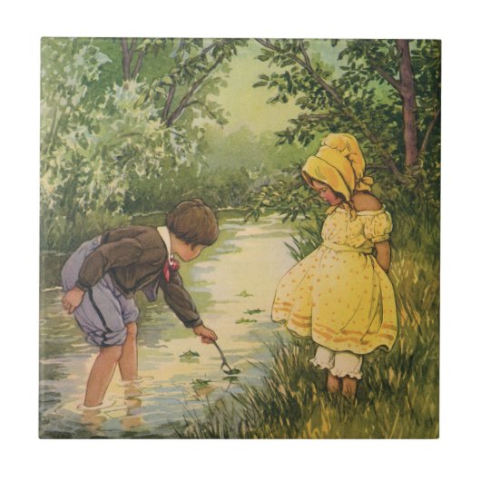 Vintage Kinder, Junge und Mädchen spielen von Cree Fliese (Vorderseite)