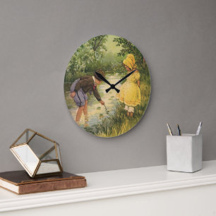 Vintage Kinder, Junge und Mädchen spielen von Cree Große Wanduhr