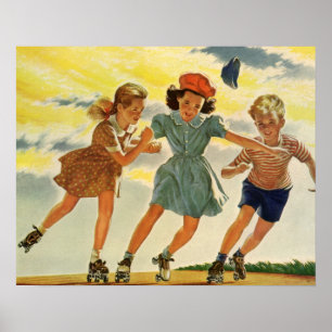 Vintage-Kinder, Jungen Mädchen beim lustigen Rolls Poster