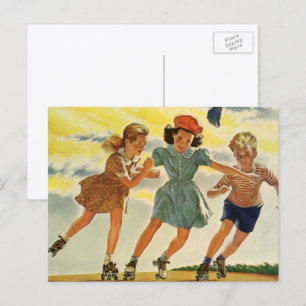 Vintage Kinder, Jungen Mädchen beim Roller Skating Postkarte
