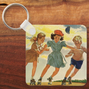 Vintage-Kinder, Jungen Mädchen macht Spaß beim Rol Schlüsselanhänger