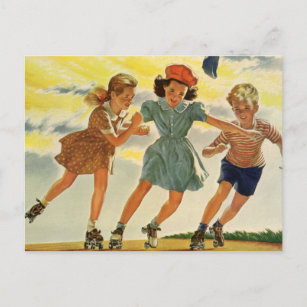 Vintage Kinder, Jungs Mädchen Spaß Roller Skaten Postkarte
