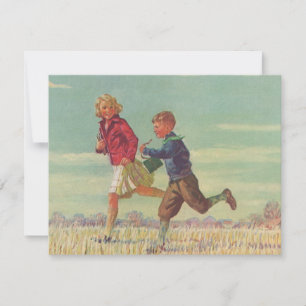 Vintage Kinder laufen zur Schule und tragen Bücher